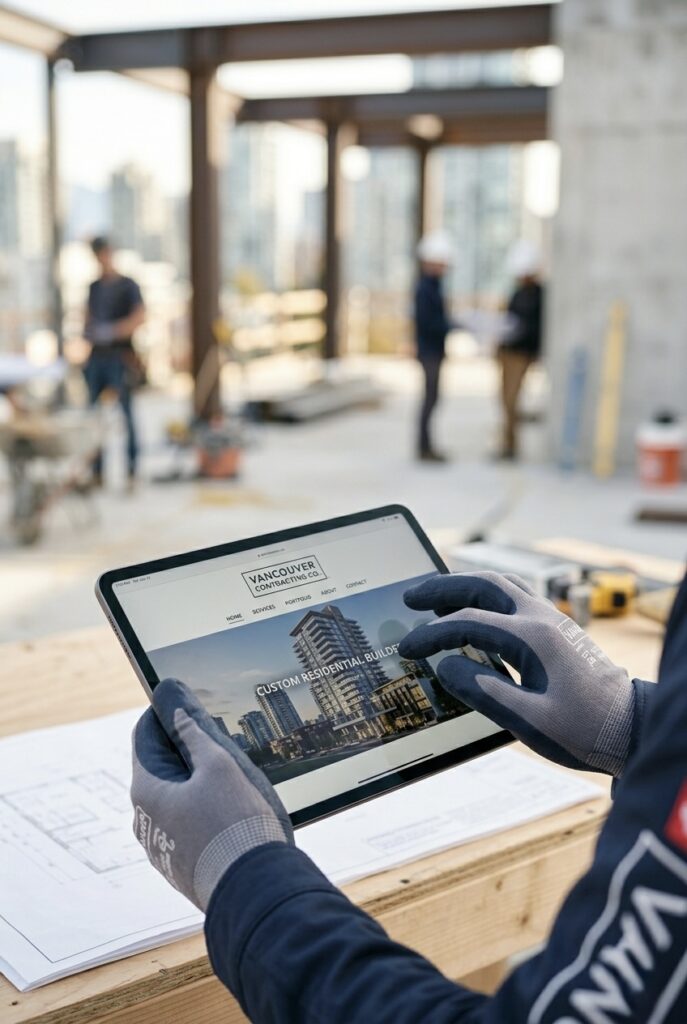 Professional hands holding a tablet showing website cost for trades businesses information