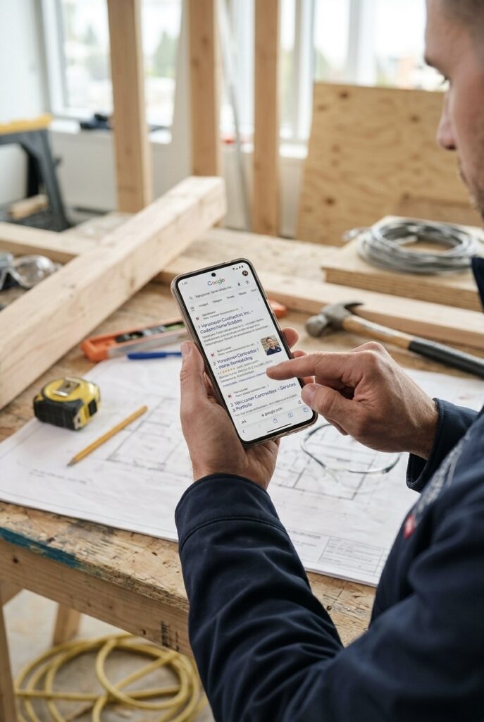 Contractor tools and smartphone displaying website cost for trades businesses research